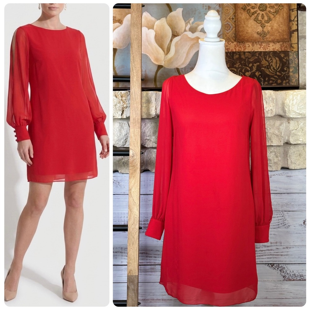 A‎ Byer Red Open Slit Sheer Arm Long Sleeve Shift Mini Dress Womens XS